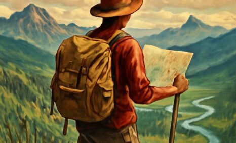 A hiker with a backpack stands on a mountain overlook, studying a map with a winding river and distant peaks in view.