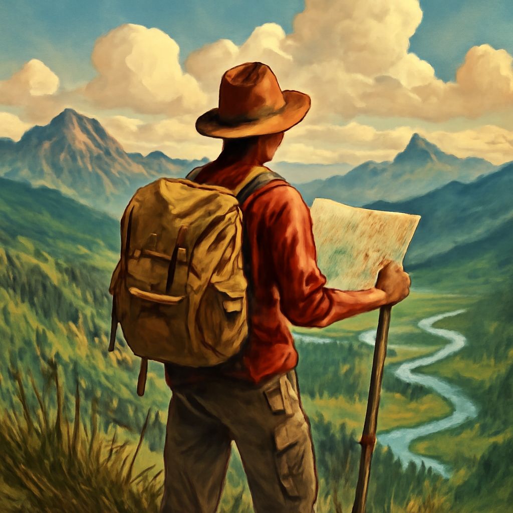 A hiker with a backpack stands on a mountain overlook, studying a map with a winding river and distant peaks in view.