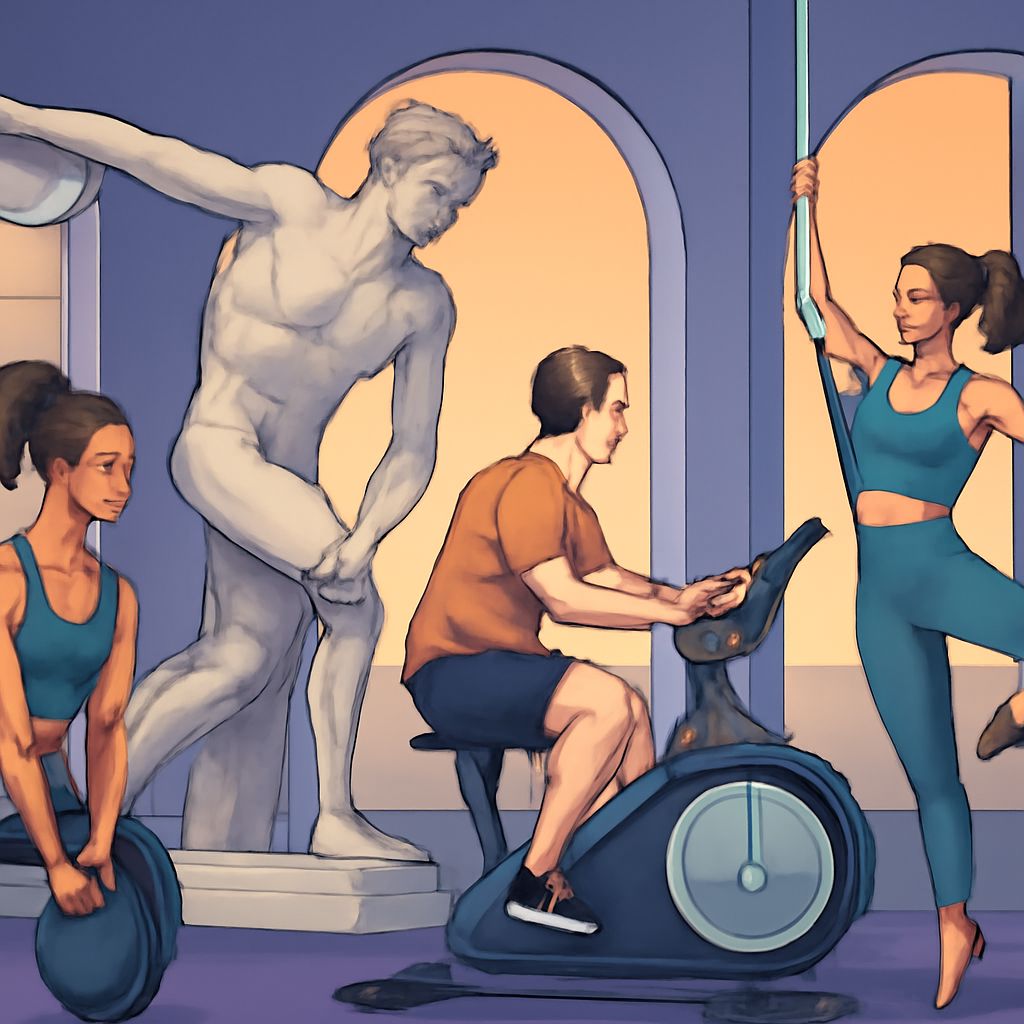 A man exercises on a stationary bike while two women stretch nearby, with a classical statue in the background.