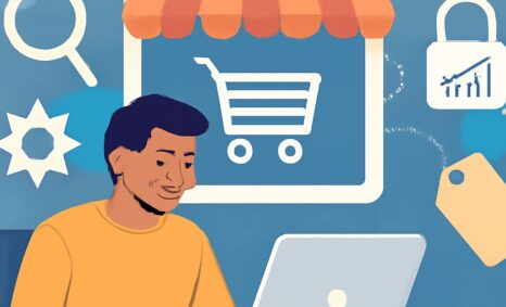 A man in a yellow shirt smiles while using a laptop, surrounded by e-commerce icons like a shopping cart and security sy