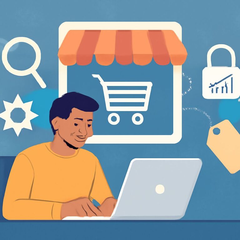 A man in a yellow shirt smiles while using a laptop, surrounded by e-commerce icons like a shopping cart and security sy