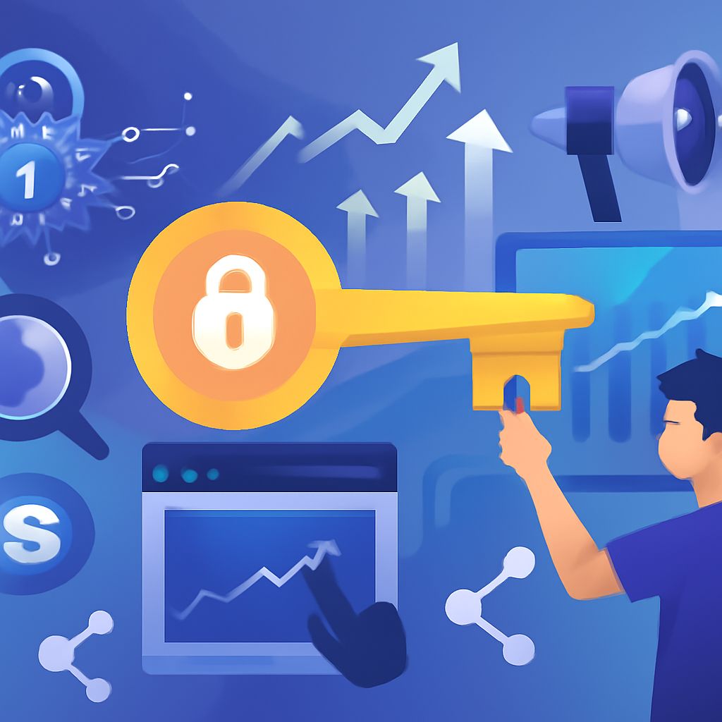A person holds a large yellow key with a lock symbol, surrounded by digital icons and graphs in a blue background.