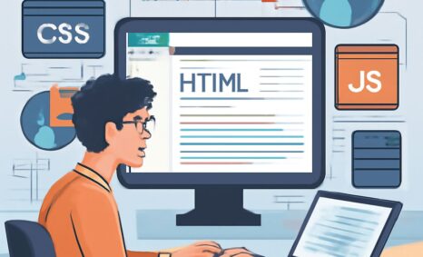 A young man with curly hair and glasses types on a laptop, focused on coding HTML on a large computer screen.