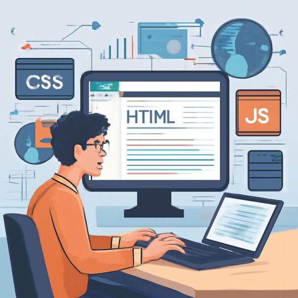 A young man with curly hair and glasses types on a laptop, focused on coding HTML on a large computer screen.