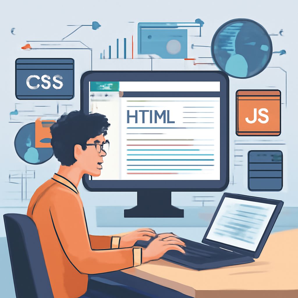 A young man with curly hair and glasses types on a laptop, focused on coding HTML on a large computer screen.