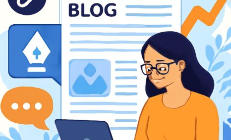 A woman with glasses smiles while typing on a laptop, surrounded by icons and a blog layout in soft blue and orange tone