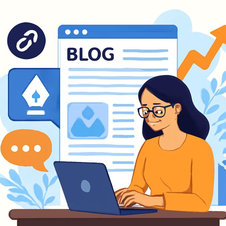 A woman with glasses smiles while typing on a laptop, surrounded by icons and a blog layout in soft blue and orange tone