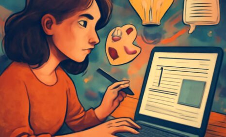 A young woman with brown hair focuses on her laptop, sketching ideas while colorful art supplies float around her.