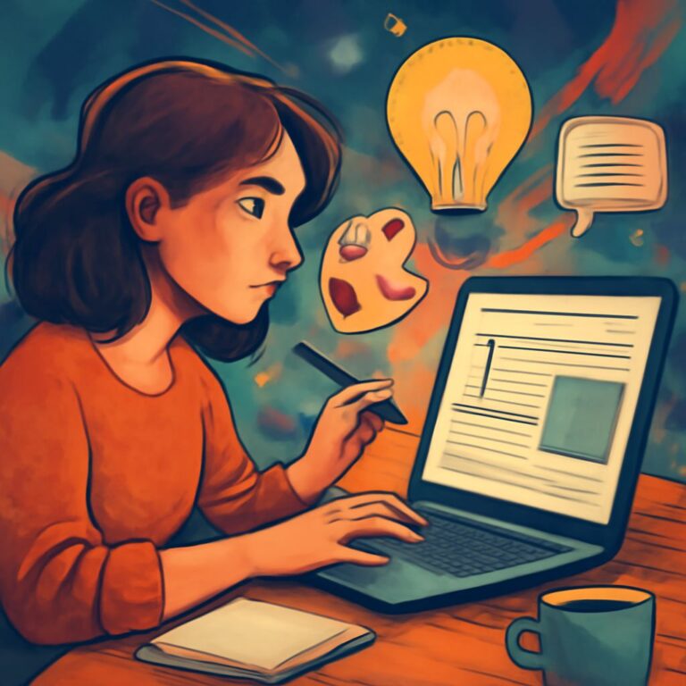 A young woman with brown hair focuses on her laptop, sketching ideas while colorful art supplies float around her.