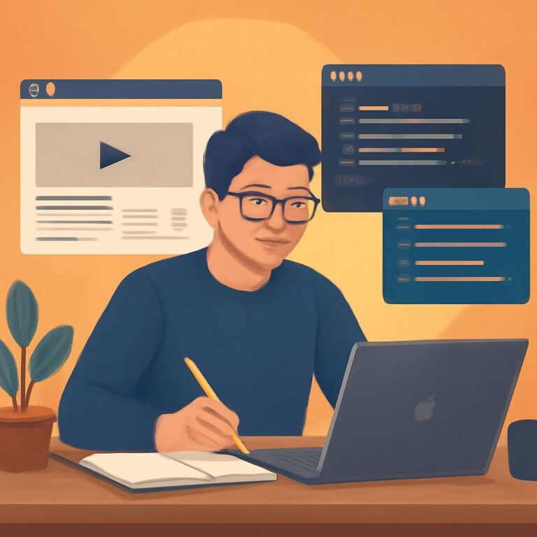 A young man with glasses sits at a laptop, focused on work, surrounded by digital content and a potted plant.