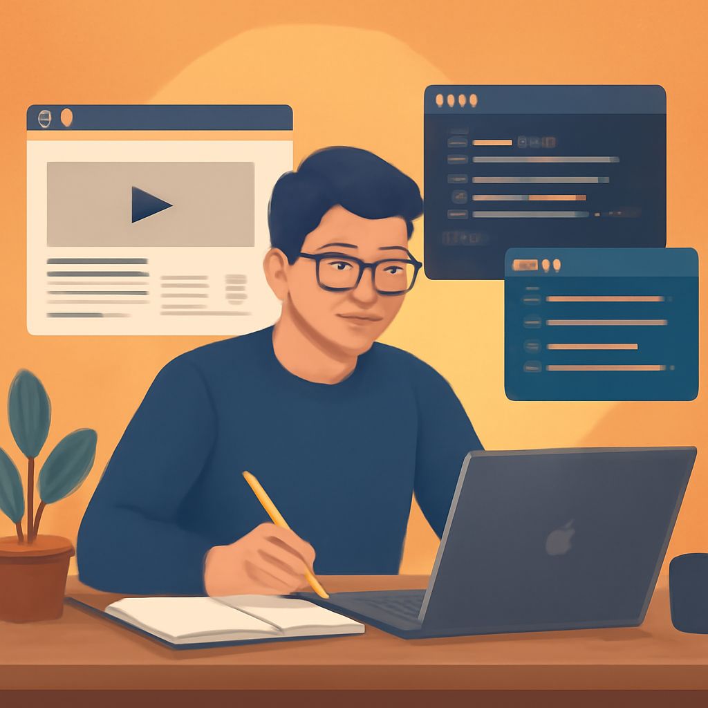 A young man with glasses sits at a laptop, focused on work, surrounded by digital content and a potted plant.