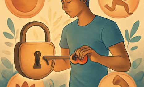 A young man in a blue shirt inserts a key into a large padlock, surrounded by circular icons depicting various activitie