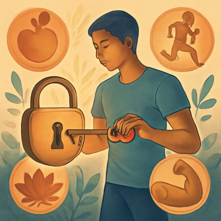 A young man in a blue shirt inserts a key into a large padlock, surrounded by circular icons depicting various activitie