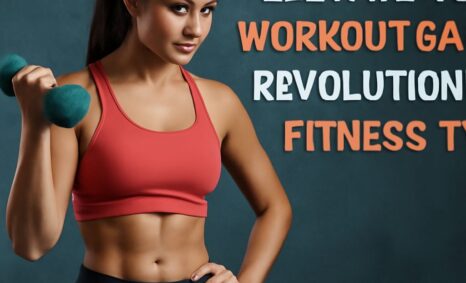 A fit woman in a red sports bra holds a teal dumbbell, posing confidently against a dark background with bold text.