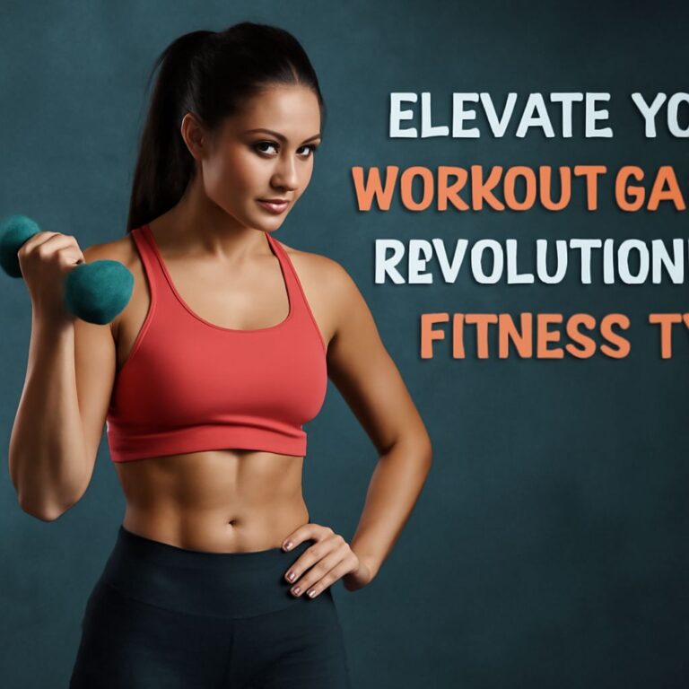A fit woman in a red sports bra holds a teal dumbbell, posing confidently against a dark background with bold text.