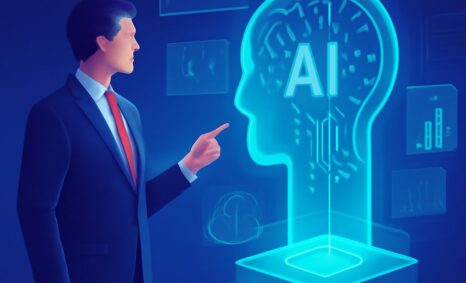 A businessman in a suit points at a glowing blue AI head silhouette with digital circuitry in a dark background.