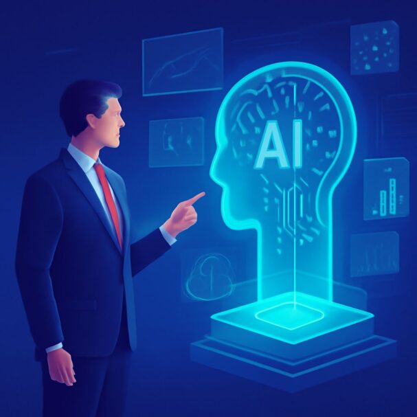 A businessman in a suit points at a glowing blue AI head silhouette with digital circuitry in a dark background.