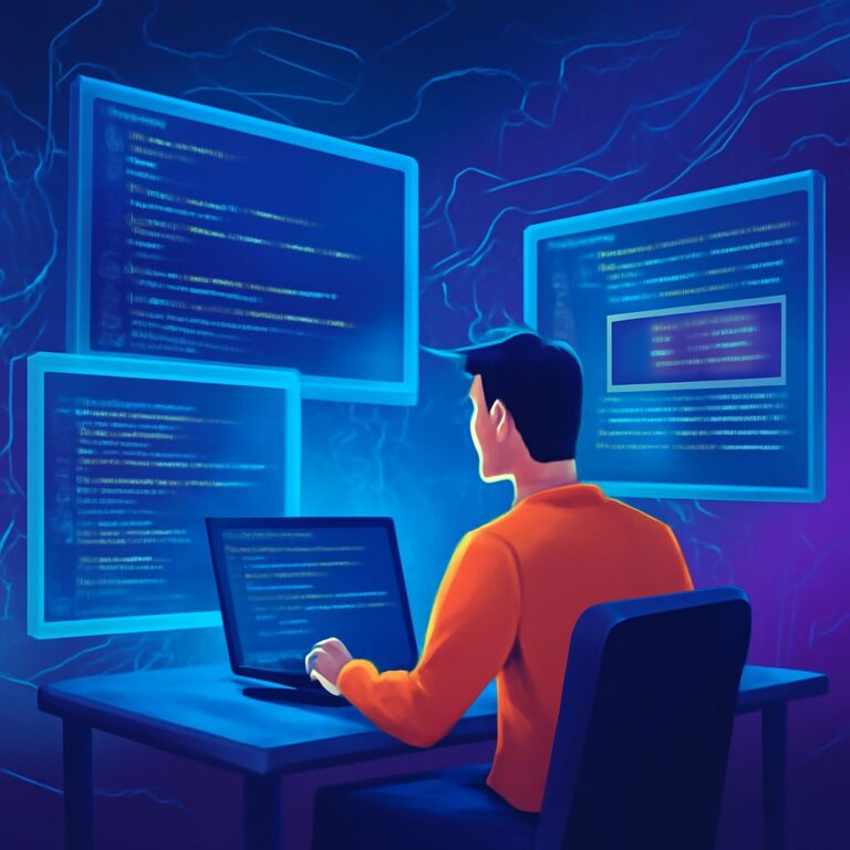 A person in an orange shirt sits in front of multiple glowing computer screens displaying lines of code against a dark b