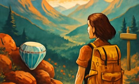 A hiker with a brown backpack gazes at a blue drum on a rock, surrounded by vibrant mountains and trees.