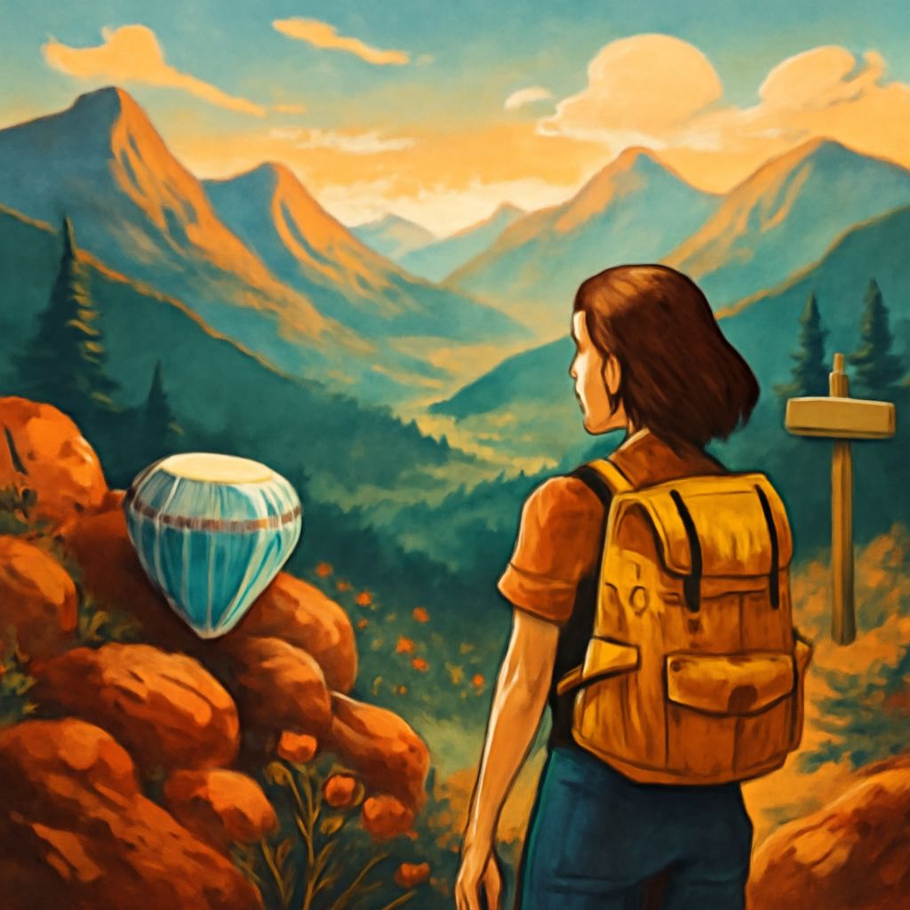 A hiker with a brown backpack gazes at a blue drum on a rock, surrounded by vibrant mountains and trees.