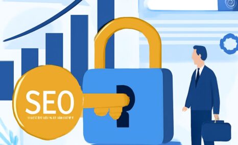A businessman in a suit stands beside a large blue padlock and a yellow SEO coin, with graphs in the background.