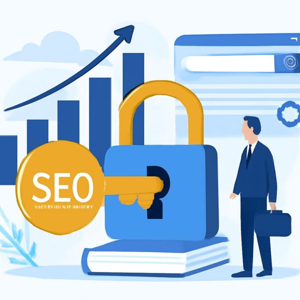 A businessman in a suit stands beside a large blue padlock and a yellow SEO coin, with graphs in the background.