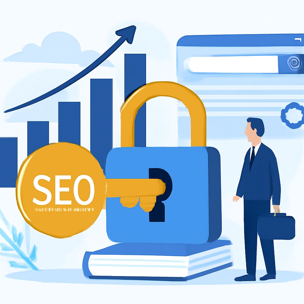 A businessman in a suit stands beside a large blue padlock and a yellow SEO coin, with graphs in the background.