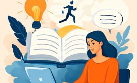 A woman with long dark hair sits at a laptop, surrounded by an open book, light bulb, and speech bubbles, symbolizing cr