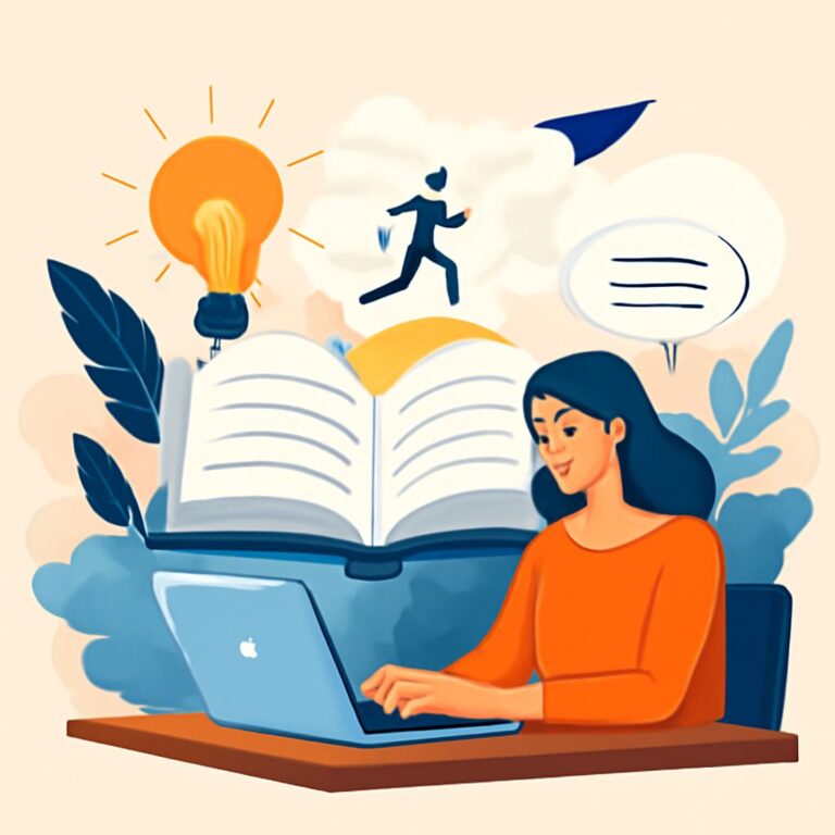 A woman with long dark hair sits at a laptop, surrounded by an open book, light bulb, and speech bubbles, symbolizing cr