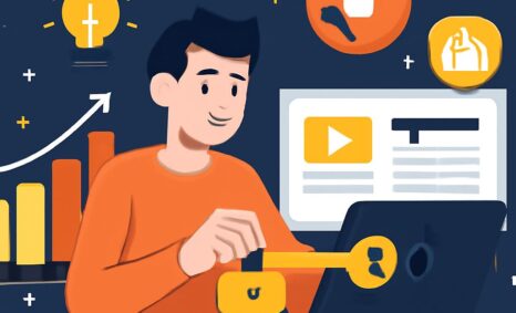 A man in an orange shirt interacts with a laptop, surrounded by icons representing growth, video content, and security.