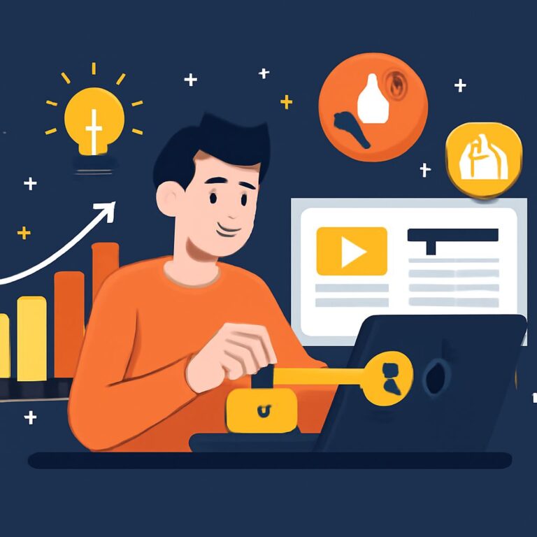 A man in an orange shirt interacts with a laptop, surrounded by icons representing growth, video content, and security.