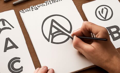 A hand draws a stylized letter "A" on a sketchpad, surrounded by other letter designs and drawing tools.