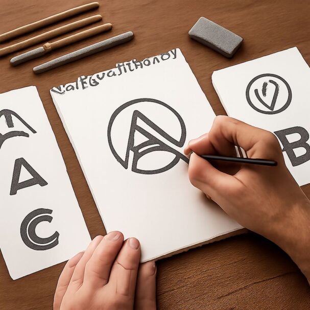 A hand draws a stylized letter "A" on a sketchpad, surrounded by other letter designs and drawing tools.