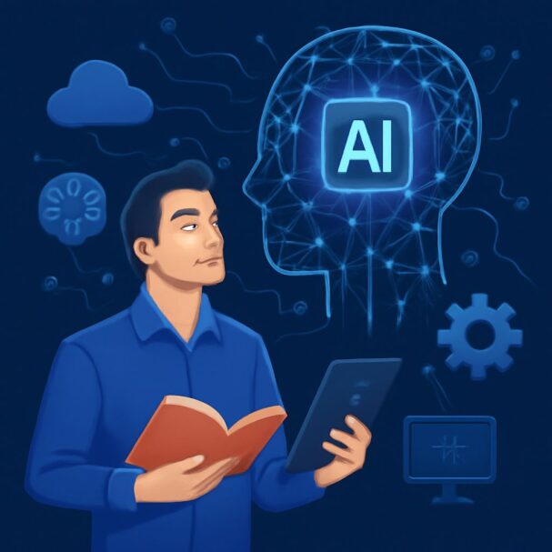 A man in a blue shirt holds a book and tablet, contemplating a digital brain with AI symbols against a dark background.