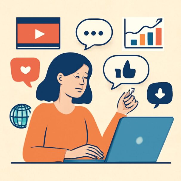 A woman with dark hair in an orange sweater interacts with a laptop, surrounded by social media icons and graphs.