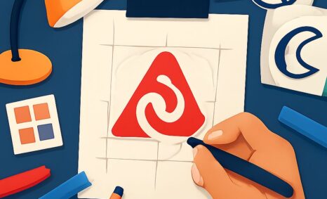 A hand draws a red triangular logo with a swirl on a sketchpad, surrounded by colorful markers and stationery.