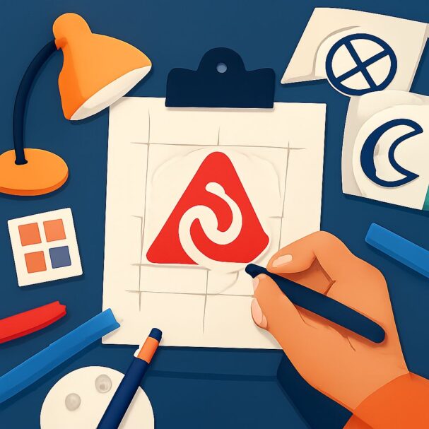 A hand draws a red triangular logo with a swirl on a sketchpad, surrounded by colorful markers and stationery.