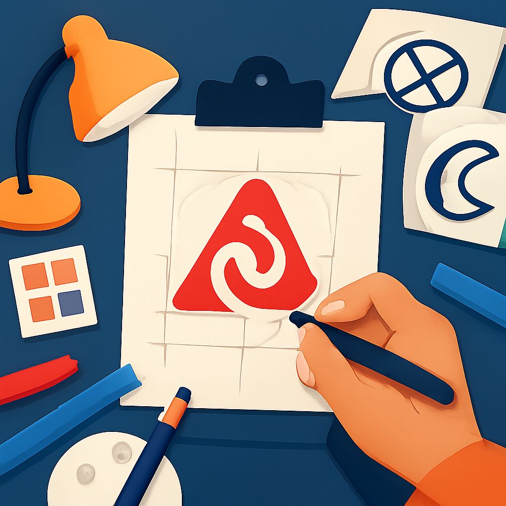 A hand draws a red triangular logo with a swirl on a sketchpad, surrounded by colorful markers and stationery.