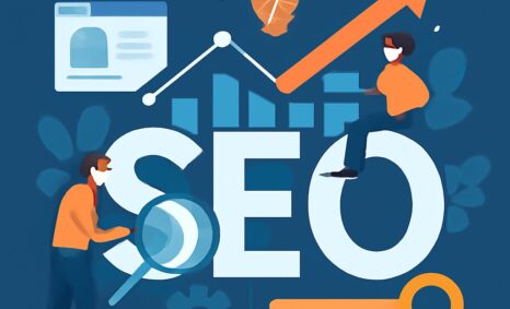 Two people in orange shirts analyze SEO data with graphs and icons on a blue background, emphasizing digital marketing.