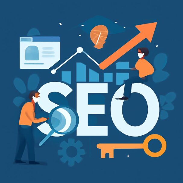 Two people in orange shirts analyze SEO data with graphs and icons on a blue background, emphasizing digital marketing.