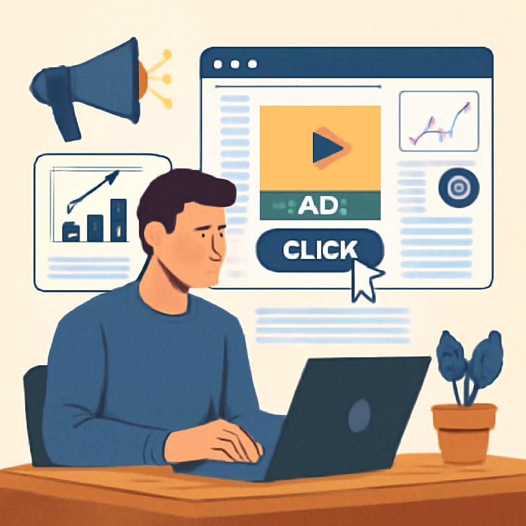 A man sits at a laptop, focused on a screen displaying an advertisement with a "CLICK" button and various graphs.