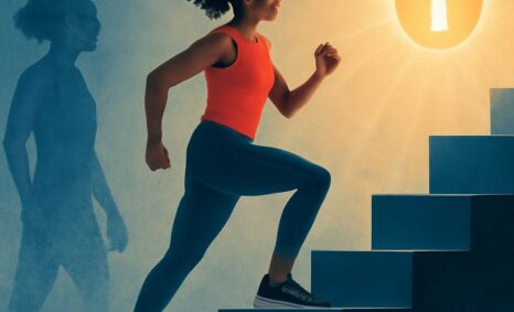 A woman in a bright red tank top and blue leggings runs up a staircase towards a glowing keyhole in the background.