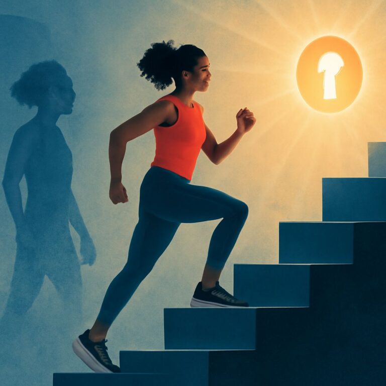 A woman in a bright red tank top and blue leggings runs up a staircase towards a glowing keyhole in the background.
