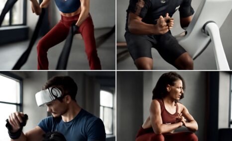 Four athletes engage in various workouts: a woman uses battle ropes, a man exercises on a machine, and two others lift w