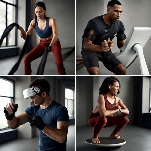 Four athletes engage in various workouts: a woman uses battle ropes, a man exercises on a machine, and two others lift w