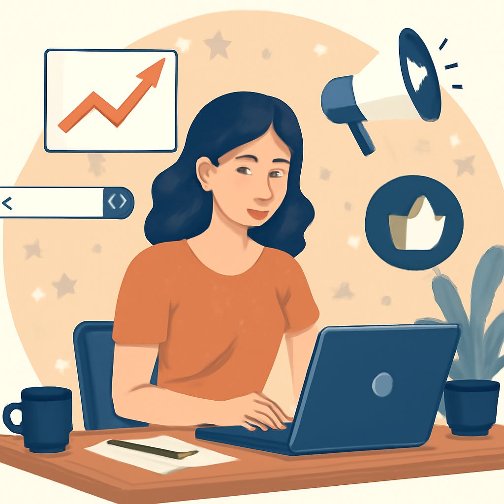 A woman with wavy dark hair sits at a desk, focused on her laptop, surrounded by icons of graphs and a megaphone.