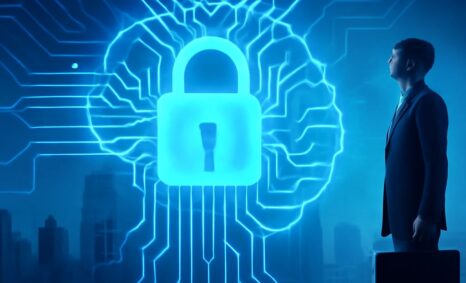 A businessman stands in profile against a blue digital backdrop featuring a glowing padlock and circuit patterns.