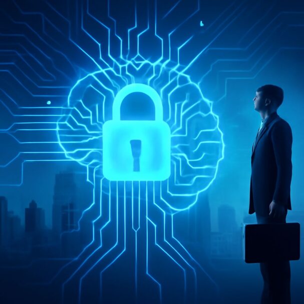 A businessman stands in profile against a blue digital backdrop featuring a glowing padlock and circuit patterns.