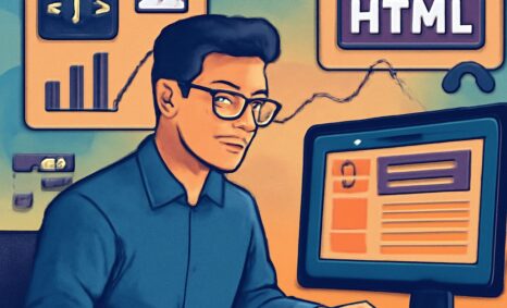 A young man in glasses sits at a computer, focused on coding, with HTML graphics and data charts in the background.