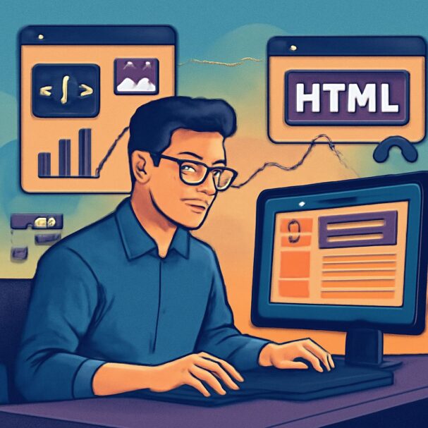 A young man in glasses sits at a computer, focused on coding, with HTML graphics and data charts in the background.